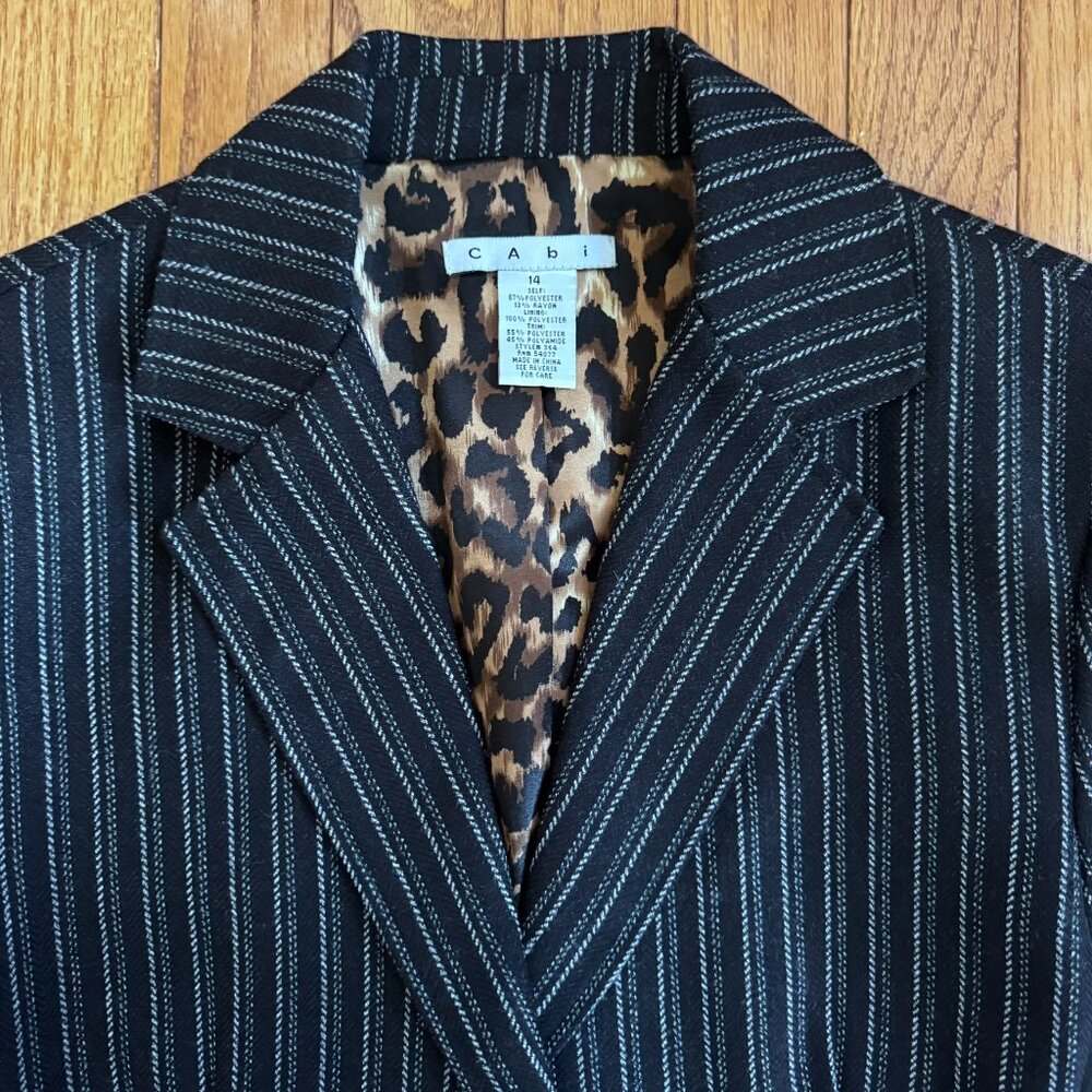 Cabi Blazer Black — Broken Twill White Stripe, Luxe Lining, Size 14